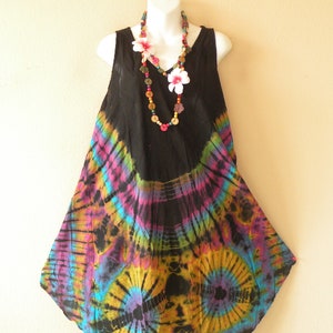 Batik Tie Dye Ethnic Traditional Women Beachwear Shoulder Ruffle Sleeveless Knee Length Asymmetrical Umbrella Midi Dress - Fit up to 2X