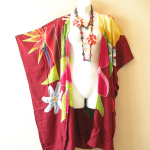 CM9 Midi Maroon Floral Hand Painted Batik 38&quot; Plus Size Midi Kimono Kaftan Open Cardigan Duster Jacket Womens Cover up - Fit from S to 5X