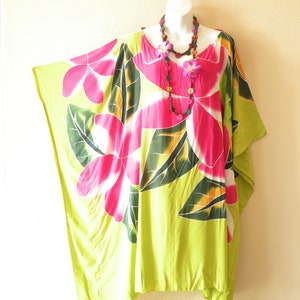 LT48 Lime Green 38&quot; Midi Floral Hand Painted Batik Dolman Batwing Caftan Kaftan Tunic Hippy Women Dress or Long Top - S to 7X