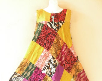 PD17 Batik Patchwork Boho Ethnic Traditional Women Beachwear Sleeveless Round Neck Boho Hippie Knee Length Asymmetrical Umbrella Midi Dress
