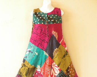 PD4 Batik Patchwork Boho Ethnic Traditional Women Beachwear Sleeveless Round Neck Boho Hippie Knee Length Asymmetrical Umbrella Midi Dress