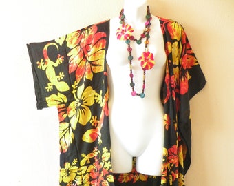 CB351 Gecko Flower Batik Plus Size Kaftan Open Cardigan Duster Kimono Sleeve Jacket Beachwear Cover up - S, M, L, XL, 1X, 2X, 3X, 4X & 5X