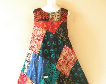 PD11 Batik Patchwork Boho Ethnic Traditional Women Beachwear Sleeveless Round Neck Boho Hippie Knee Length Asymmetrical Umbrella Midi Dress