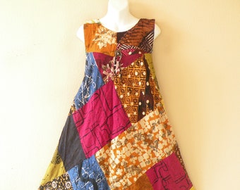 PD5 Batik Patchwork Bohemian Traditional Women Beachwear Sleeveless Round Neck Boho Hippie Knee Length Asymmetrical Umbrella Midi Dress