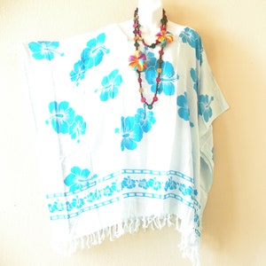 KB311 Aqua Hibiscus Floral Women Batik Plus Size Kaftan Caftan Women Batwing Tunic Poncho Blouse Top - S, M, L, XL, 1X, 2X, 3X, 4X & 5X