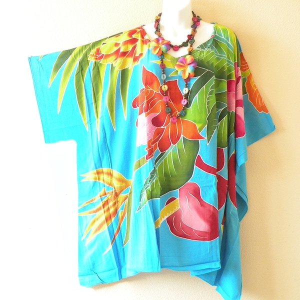 KG55 Hand Painted Tropical Floral Batik Plus Kaftan Caftan Kimono Beachwear Women Hippie Bohemian Tunic Poncho Blouse Top Fit S to 7X