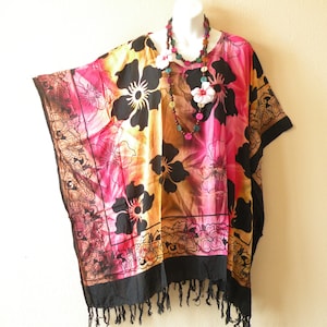 KG36 Tie Dye Hibiscus Floral Batik Plus Size Kimono Kaftan Caftan Women Batwing Tunic Poncho Blouse Top - S, M, L, XL, 1X, 2X, 3X, 4X & 5X
