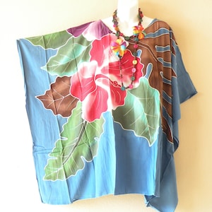 KB326 Blue Floral Batik Hand Painted Women Plus Size Kaftan Caftan Women Batwing Tunic Poncho Blouse Top - Fit from S to 7X