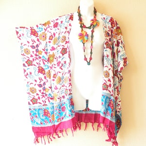 CB366 Floral White Pink Batik Plus Size Kaftan Cardigan Duster Kimono Sleeve Jacket Beachwear Cover up - S, M, L, XL, 1X, 2X, 3X, 4X & 5X
