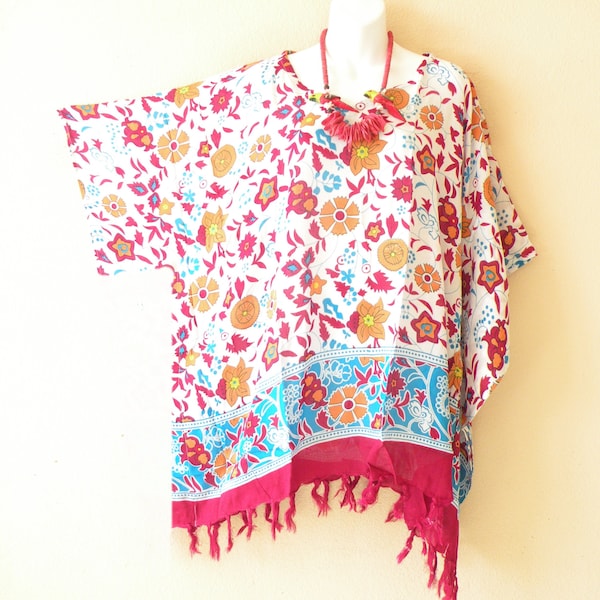 KB382 Multicolor  Flower Floral Batik Plus Size Kaftan Caftan Kimono Beachwear Tunic Poncho Blouse Top - Fit from S to 5X