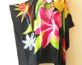 KB286 Black Tropical Flower Floral Batik Hand Painted Women Plus Size Kaftan Caftan Women Batwing Tunic Poncho Blouse Top - Fit from S to 7X
