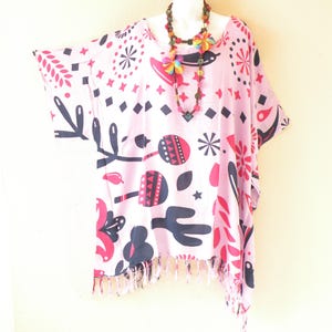 KB446 Pink Batik Plus Size Kaftan Caftan Kimono Beachwear Tunic Poncho Blouse Top - S, M, L, XL, 1X, 2X, 3X, 4X & 5X