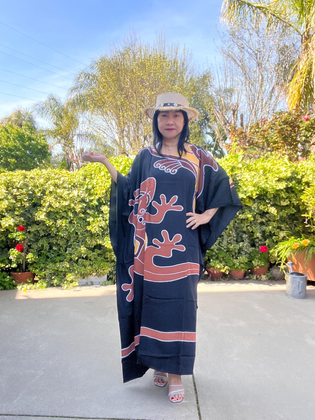 KD435 Gecko Lizard Hand Painted Batik Plus Size Dolman Batwing Caftan ...