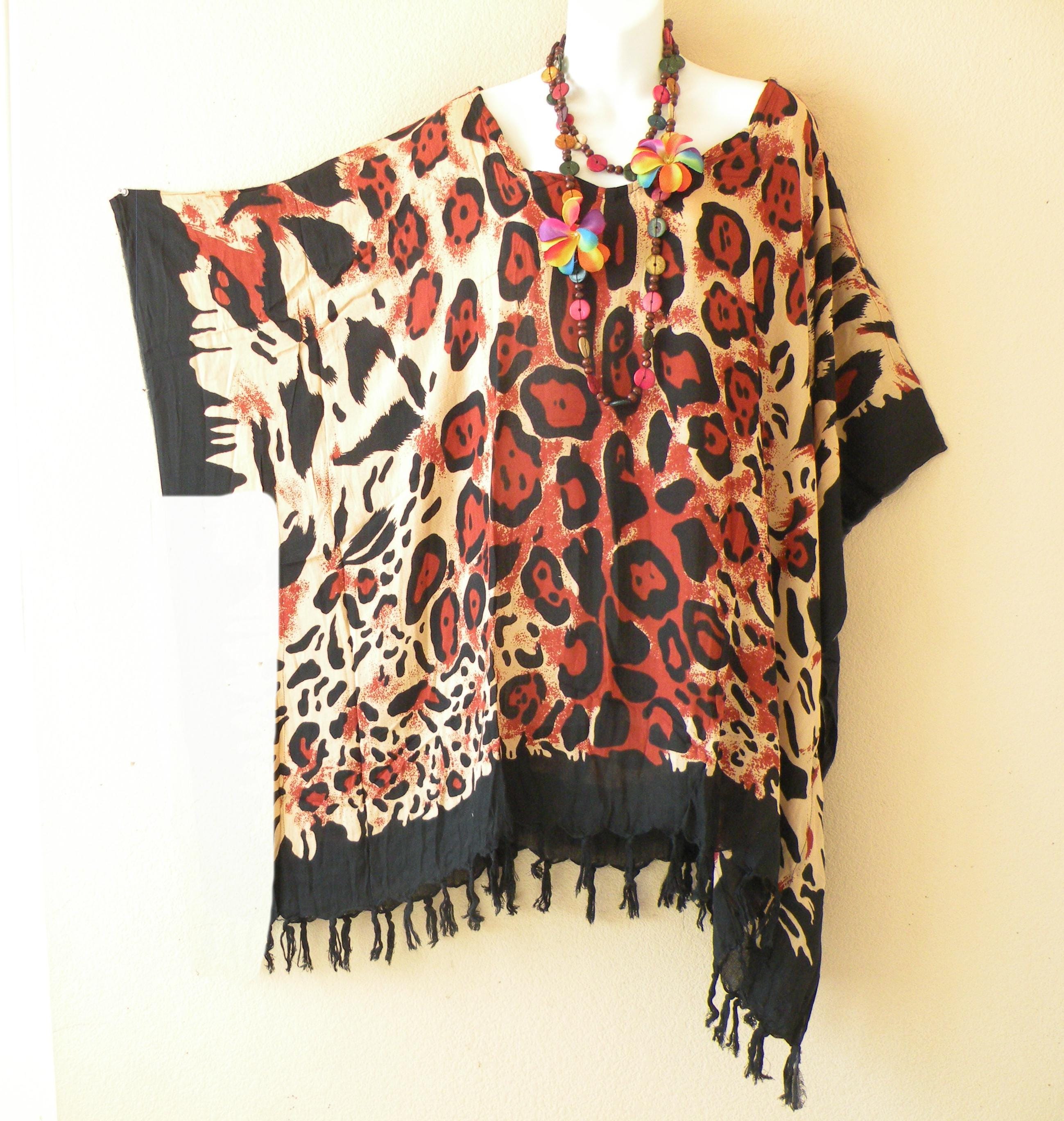 KB430 Leopard Animal Block Printed Plus Size Kaftan Caftan Kimono Beachwear Tunic Poncho Blouse Top - S, M, L, XL, 1X, 2X, 3X, 4X & 5X