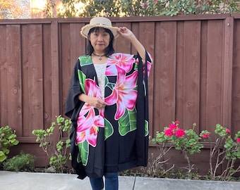 CM39 - Batik Floral 38" Plus Size Midi Kimono Kaftan Open Cardigan Duster Jacket Womens Cover up - S, M, L, XL, 1X, 2X, 3X, 4X, 5X