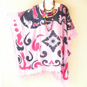 KB443 Pink Abstract Batik Plus Size Kaftan Caftan Women Batwing Tunic Poncho Blouse Top - S, M, L, XL, 1X, 2X, 3X, 4X & 5X