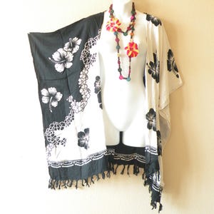 CB324 Hibiscus Floral Batik Plus Size Kaftan Cardigan Duster Kimono Open Front Jacket Beachwear Cover up - S, M, L, XL, 1X, 2X, 3X, 4X & 5X