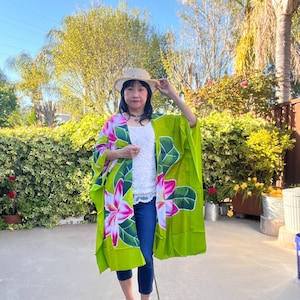 CM21 Green Batik Floral 38" Plus Size Midi Kimono Kaftan Open Front Cardigan Duster Jacket Women Cover up - S, M, L, XL, 1X, 2X, 3X, 4X, 5X