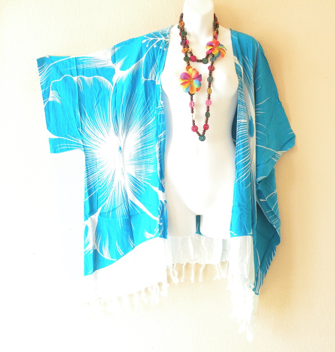 Polyester White Floral Pattern Plus Size Kimono Kaftan For Women