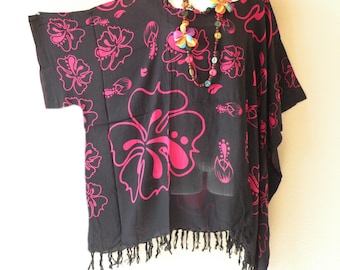 KB507 Pink Black Floral Block Printed Plus Size Kaftan Caftan Kimono Beachwear Tunic Poncho Blouse Top - S, M, L, XL, 1X, 2X, 3X, 4X & 5X