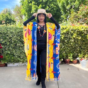 CG24 Multicolor Batik Fish Bone Hand Painted Plus Maxi Kimono Kaftan Sleeves Cardigan Duster Open Front Jacket Womens Cover up - S to 5X