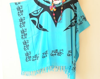 3 Colors Turtle Batik Kaftan Caftan Women Batwing Tunic Poncho Blouse Top - S, M, L, XL, 1X, 2X, 3X, 4X & 5X