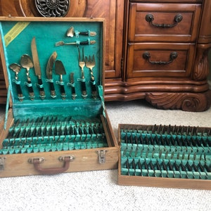 Vintage Wood Asia Thailand Siam Buddha Blessing Formal Bronze Mid-Century Nickel Hostess Flatware Silverware Service for 12 plus Serving