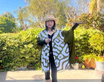 CB616 Olive Green Abstract Batik Plus Kaftan Cardigan Duster Jacket Women Cover up - S, M, L, XL, 1X, 2X, 3X, 4X & 5X