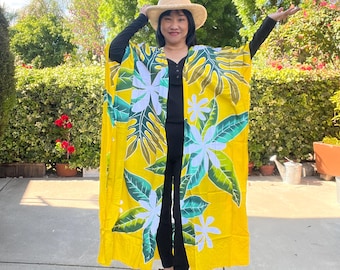 CD630 Yellow Batik Hand Painted Floral Plus Maxi Kimono Kaftan Sleeves Cardigan Duster Jacket Women Cover up Fit from S to 5X