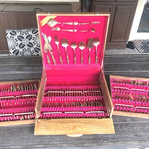 143 Pcs Rare Vintage Thailand Siam Dancing Formal Bronze Brass Mid-century Wooden Nickel Hostess Flatware Silverware Serving Set with Case