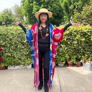 CG25 Fish Bone Hand Painted Batik Plus Size Maxi Kimono Cardigan Open Front Duster Jacket Womens Cover up - S, M, L, XL, 1X, 2X, 3X, 4X & 5X