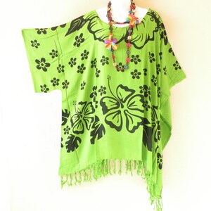 KB444 Green Floral Batik Plus Size Kaftan Caftan Kimono Beachwear Tunic Poncho Blouse Top - S, M, L, XL, 1X, 2X, 3X, 4X & 5X