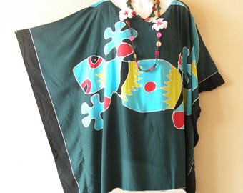 4 Farben Gecko Handbemalt Batik Plus Size Kaftan Frauen Fledermaus Tunika Poncho Bluse Top S, M, L, XL, 1X, 2X, 3X, 4X, 5X, 6X & 7X
