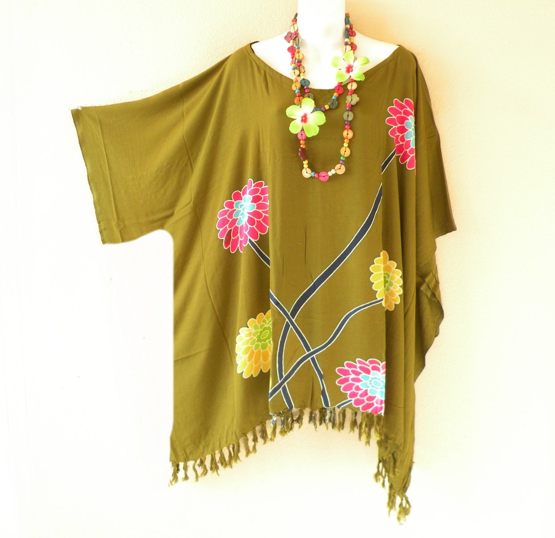 Cotton Ikat Kimono Style Green Caftan