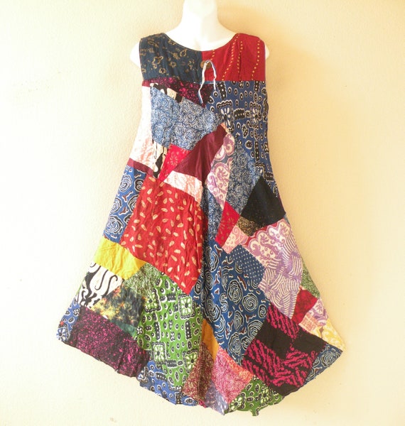 PD7 Batik Patchwork Bohemian Ethnic Traditional Women Beachwear Sleeveless  Round Neck Hippie Knee Length Asymmetrical Umbrella Midi Dress - Etsy