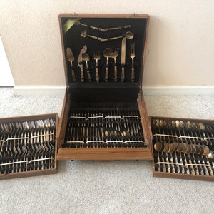 144 Pcs Rare Vintage Wood Asia Thailand Siam Buddha Blessing Formal Bronze Brass Mid-century Nickel Hostess Flatware Silverware Serving Set