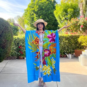 CG42 Hand Painted Floral Batik Plus Size Maxi Kimono Open Cardigan Duster Jacket Beachwear Women Cover up - Up to 5X
