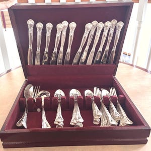 Rare 51 PCS Vintage Silver Plated Baroque by Godinger Colletible Flatware Full Set for 12 with wooden storage case