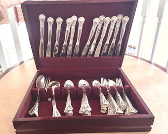 Rare 51 PCS Vintage Silver Plated Baroque by Godinger Colletible Flatware Full Set for 12 with wooden storage case