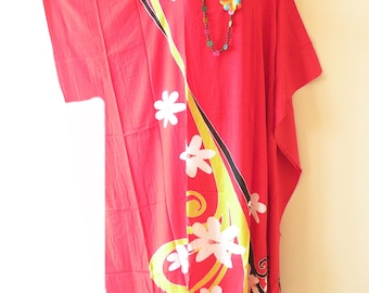 KD429 Red Tropical Floral Batik Hand Painted Plus Size Comfortable Kaftan Caftan Kimono Beachwear Maxi Batwing Long Dress - S to 7X