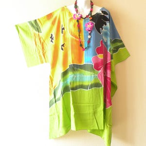 LT42 Dolphin Midi 38&quot; Hand Painted Batik Dolman Batwing Caftan Kimono Knee Length Tunic Hippy Dress Long Top - S to 7X
