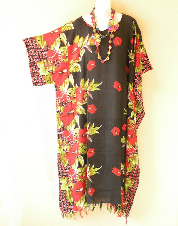 Cool Kaftans Hibiscus Flower Print Poncho Top - One Size Plus, Oversized Boho Kaftan - View #2