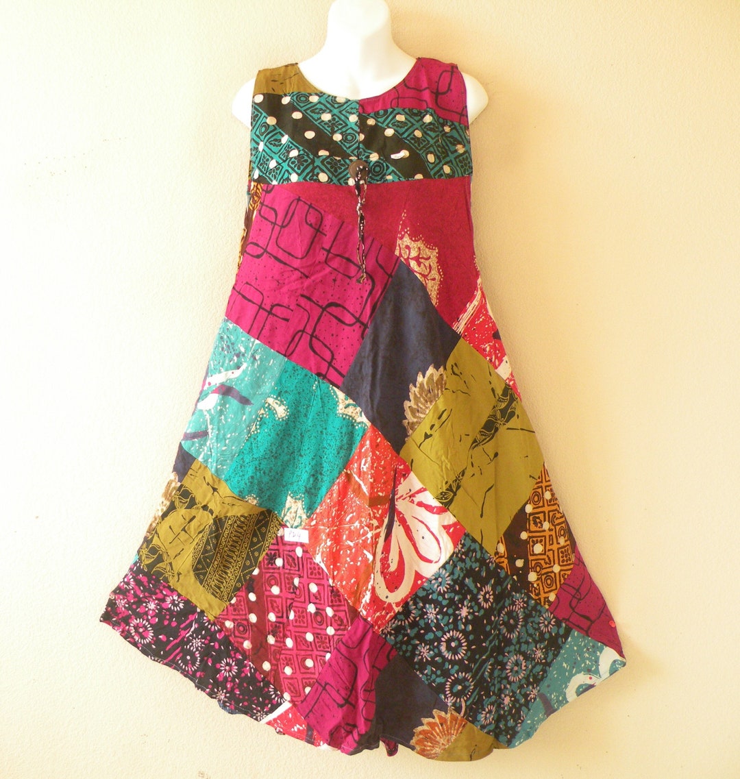 Boho Navy Asymmetrical Patchwork Side Open Silk Holiday Dress Sleeveless main image 0