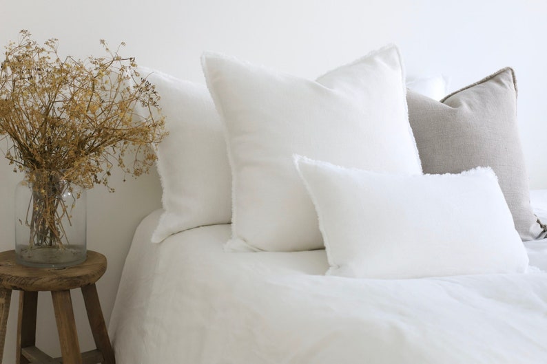 Natural fringe linen pillow cover / White luxury fringe linen pillow cover / Fringe linen pillow / Fringe linen cushion / linen pillow cover image 1