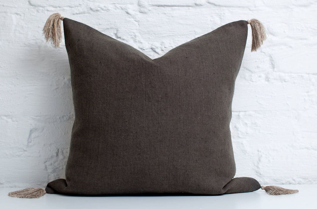 Dark Grey Linen Pillow Cover With Tassels / Charcoal Tassel Linen