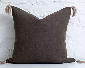 Dark grey linen pillow cover with tassels / Charcoal tassel linen pillows/ natural pillow / grey linen cushion case/stonewashed linen pillow