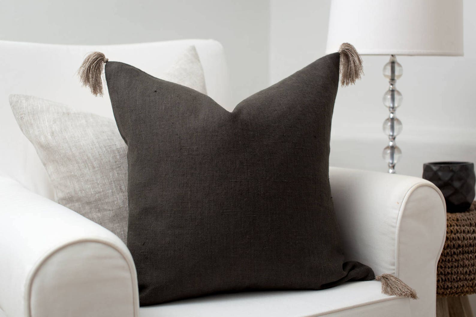 Dark Grey Linen Pillow Cover With Tassels / Charcoal Tassel Etsy