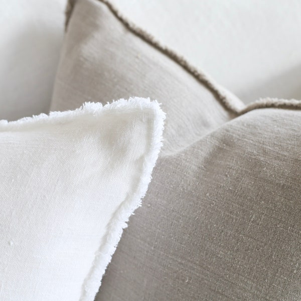 Fringe linen pillow cover / White luxury fringe linen pillow cover / Natural fringe linen pillow / Fringe linen cushion / linen pillow cover