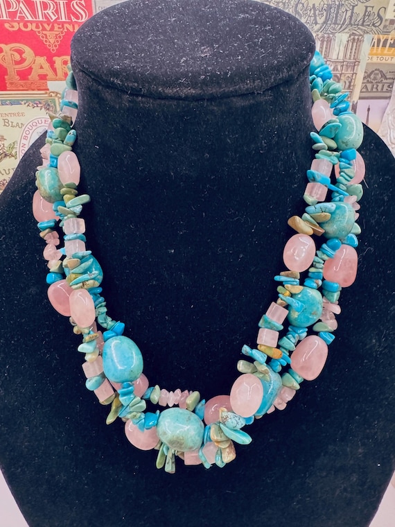 Vintage Sterling SilverReal Turquoise and Rose Qu… - image 1