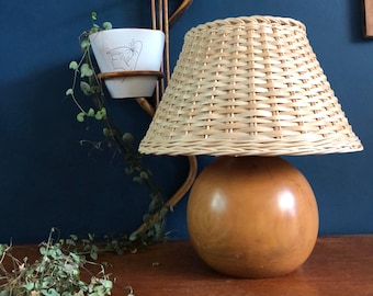 Wooden round globe lamp made of solid wood with woven reed shade, 1980s.
